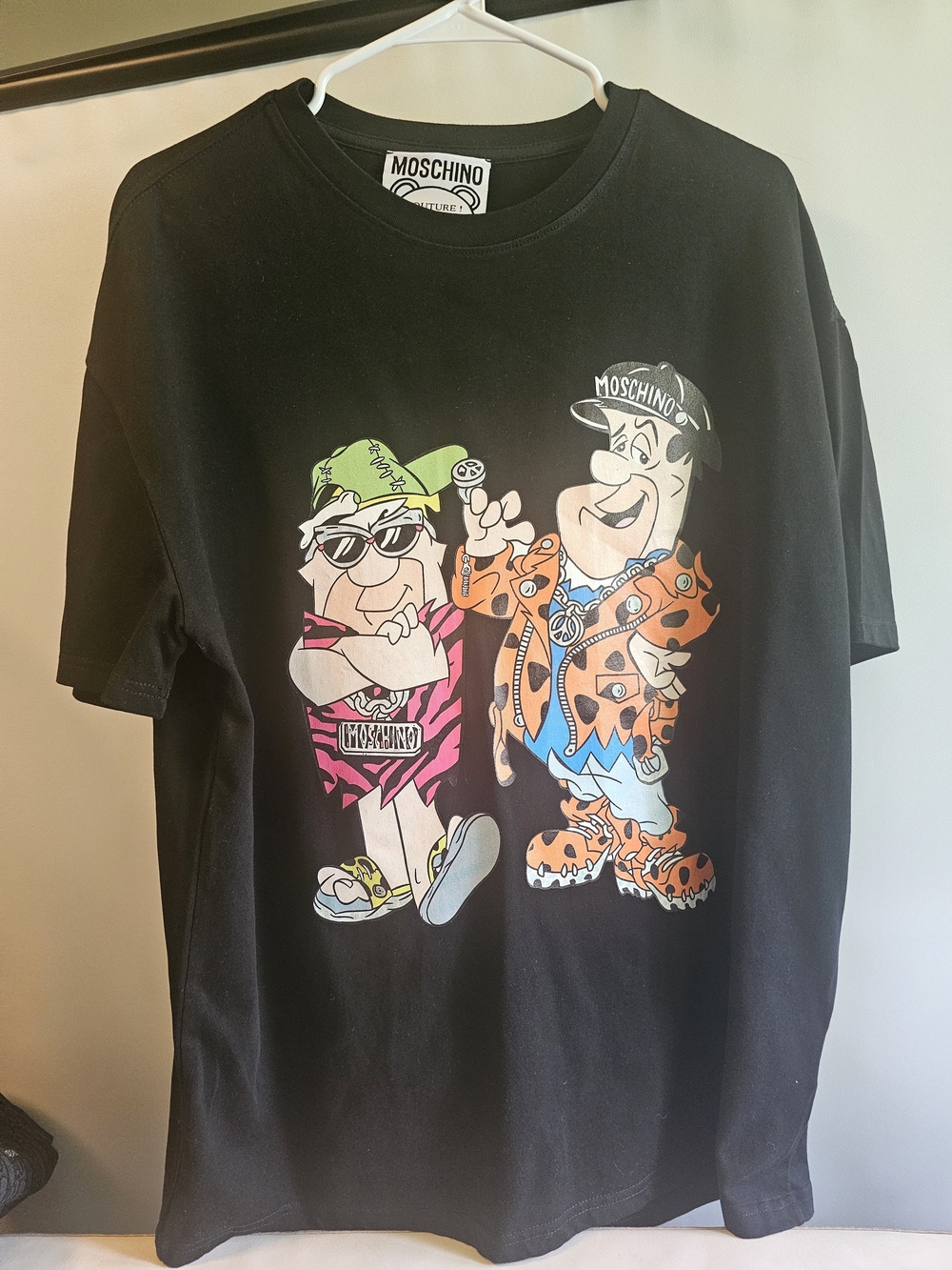 Moschino Black Tee with Colorful Cartoon Duo Print